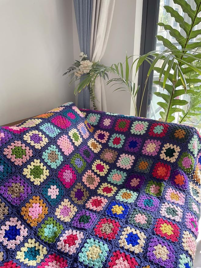 RISEON Handmade Granny Square Crochet Throw Blanket Sweater Style Mat, crochet quilt, multicolor Boho Travel Accent Decor Throw for Sofa Comforter Couch Bed Recliner Living Room Bedroom (Dark blue)