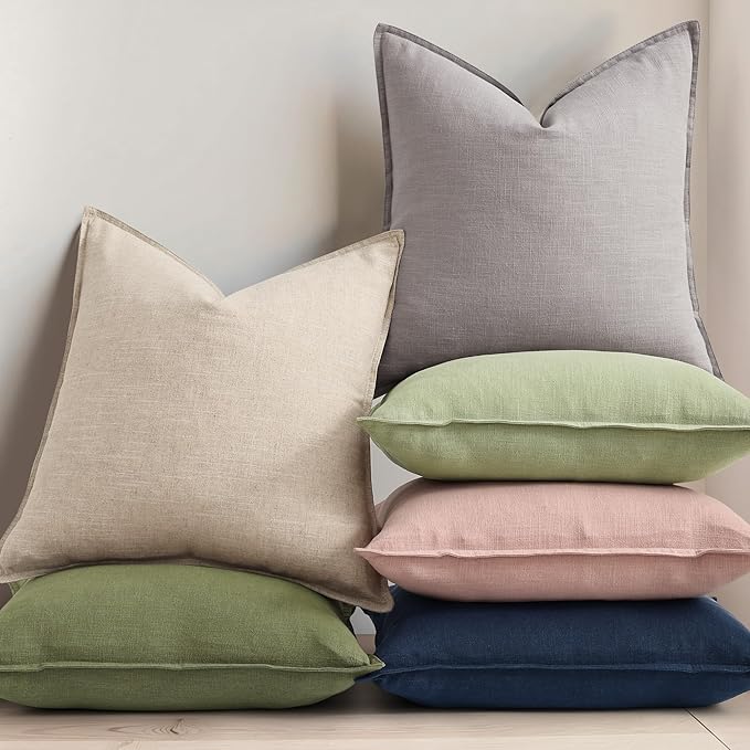 decorUhome Summer Decorative Linen Throw Pillow Covers 20x20 Inch Set of 2 Navy Blue Pillow Covers with Flange Edges Soft Farmhouse Boho Accent Pillow Cases for Couch Bed Living Room