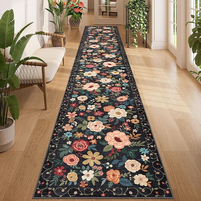 DUKINO Washable Runner Rug 2x12, Ultra Soft Floral Runner Rug for Hallway, Boho Non Slip & Non Shedding Indoor Entryway Carpet for Kitchen, Laundry Room, Bathroom, Bedroom, Entrance, Black
