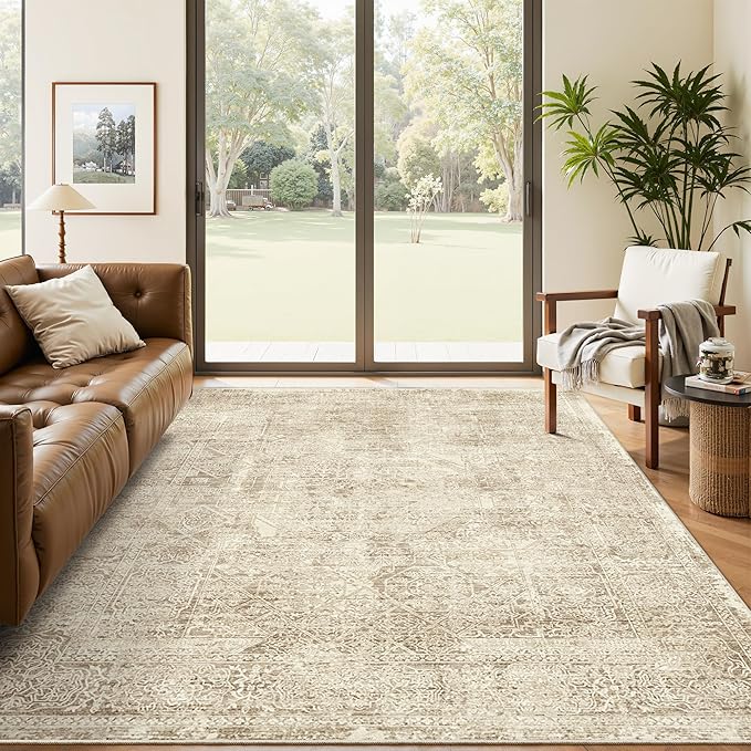 Soalmost 6x9 Area Rug for Living Room Floral Washable Non-Slip Modern Rugs for Bedroom Dinning Room Ultra-Thin Indoor Brown