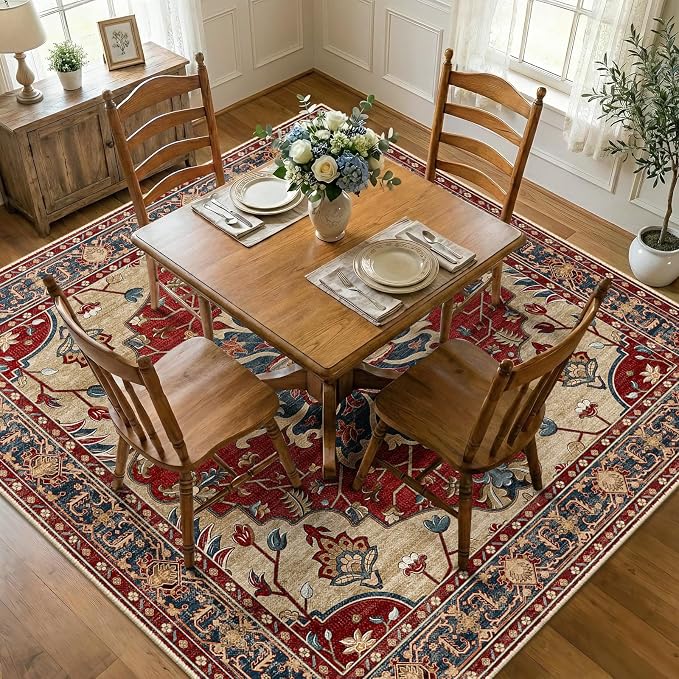 RELEANY Area Rugs Square 7ft Washable Non-Slip, Floral Vintage Distress Medallion Carpet for Living Room Bedroom Dining Room, Red Blue