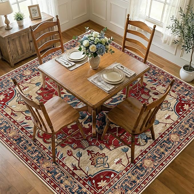 RELEANY Area Rugs Square 8ft Washable Non-Slip, Floral Vintage Distress Medallion Carpet for Living Room Bedroom Dining Room, Red Blue