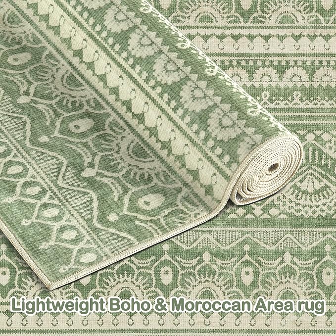 Tortania Area Rug Living Room Rugs - 8x10 Washable Large Soft Neutral Boho Moroccan Bohemian Farmhouse Rug Indoor Floor Carpet for Bedroom Under Dining Table Home Office Decor - Green