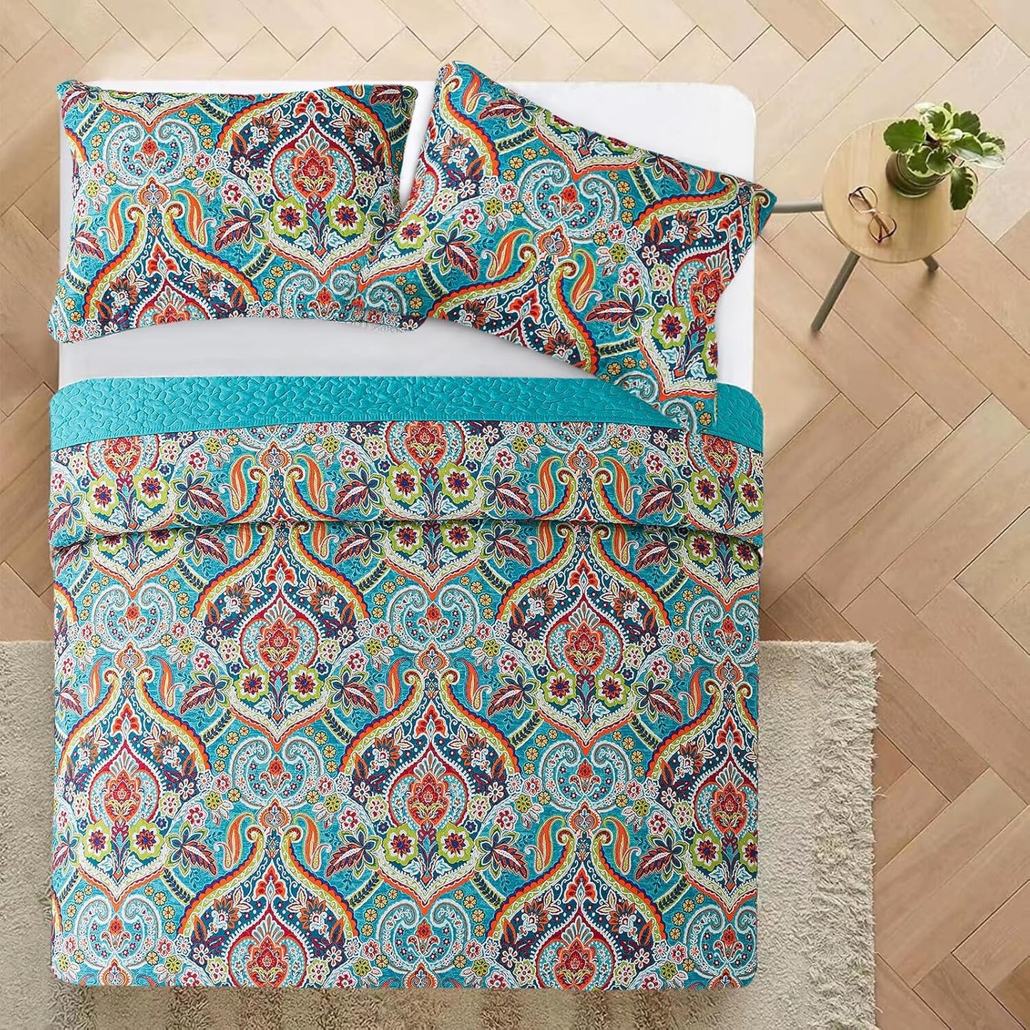 VAPUTAR Quilt Queen Bedding Set - Soft Cotton Quilts with Paisley Floral Pattern - Lightweight Reversible Bedspreads for Farmhouse (3 Pieces, Bright Teal)