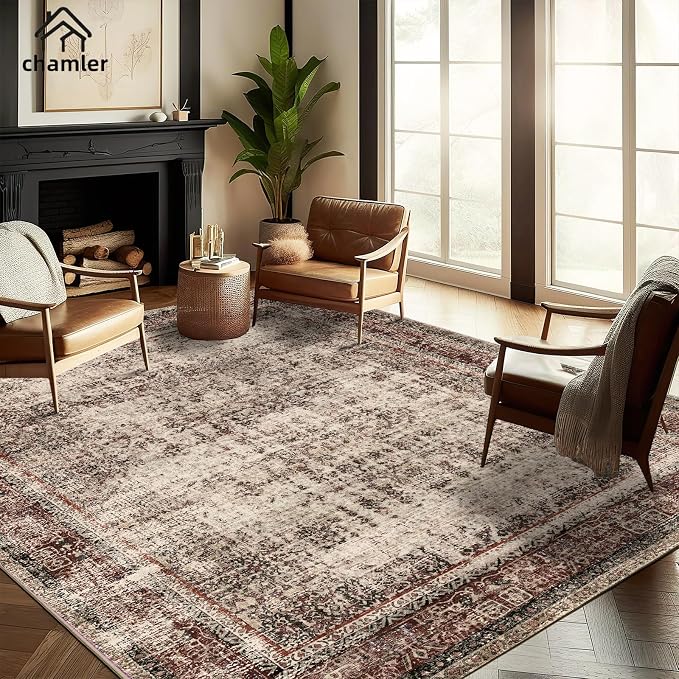 chamler 9x12 Washable Area Rug Boho Chic Medallion Distressed Design Non-Shedding Easy Care Ideal for High Traffic Areas in Rug for Living Room Bedroom Office Coffee Table Large Carpet