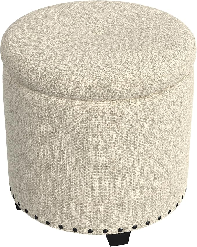 HomePop 18.5" Round Storage Ottoman with Nailheads - Cream Woven