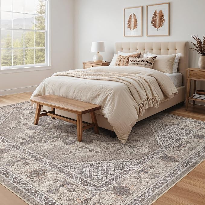 Tortania Area Rug Living Room Rugs - 8x10 Washable Boho Rug Vintage Oriental Distressed Farmhouse Large Thin Indoor Carpet for Living Room Bedroom Under Dining Table Home Office - Taupe Brown