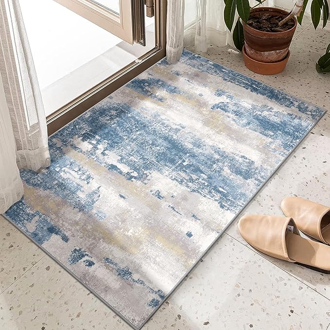 BEIMO 2x3 Rugs for Entryway Entrance Kitchen Bathroom, Machine Washable Modern Abstract Soft Area Rug Door Mat, Indoor Floor Carpet with Non Slip Rubber Backing, Blue Cream
