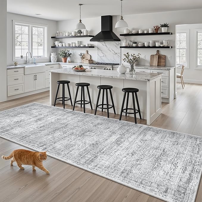 Soalmost Runner Rug 3x8 Washable Non-Slip Hallway Runner Rugs for Kitchen Bathroom Laundry Room Grey Vintage Floor Carpet Runners for Hallways Entryway
