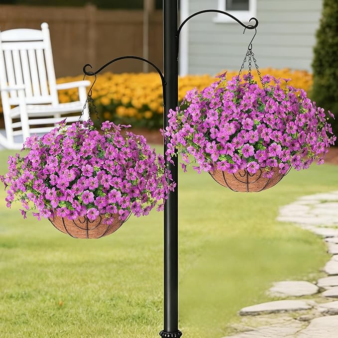 HyeFlora 2 Set Artificial Outdoor Flowers Hanging Basket, Faux Hanging Plants for Outside Spring Decoration, Fake Silk UV Resistant Look Real Daisy for Porch Patio Home Decor