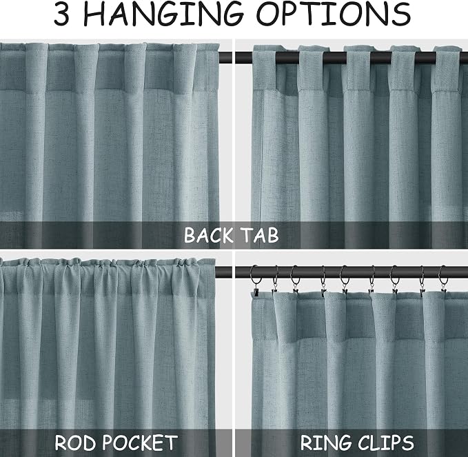 Light Blue Linen Kitchen Curtains 24 Inch Length Cotton Linen Blend Light Filtering Short Tier Curtain with Rod Pocket Back Tab for Small Windows Cafe Retro Bathroom Vintage 2 Panels RV 36Wx24L