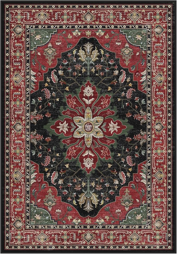 RELEANY Area Rugs Round 8ft Washable Non-Slip, Floral Vintage Distress Print Pattern Medallion Carpet for Living Room Bedroom Dining Room, Red Black