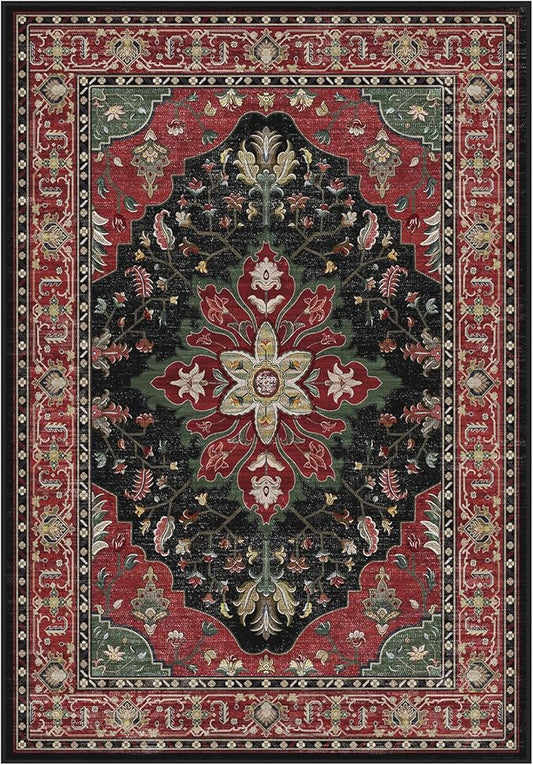 RELEANY Area Rugs Round 8ft Washable Non-Slip, Floral Vintage Distress Print Pattern Medallion Carpet for Living Room Bedroom Dining Room, Red Black