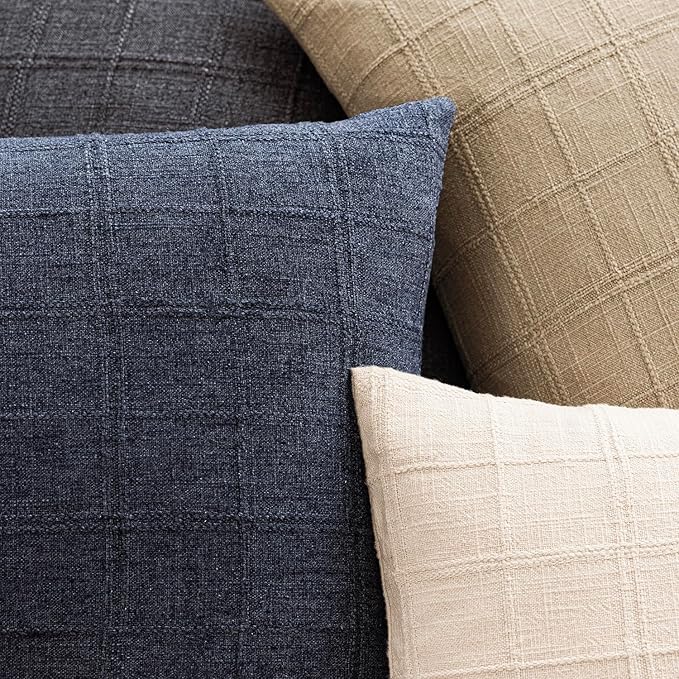 Foindtower Set of 2 Decorative Linen Check Throw Pillow Covers Neutral Farmhouse Vintage Cushion Covers Modern Boho Home Decor for Sofa Chair Couch Bedroom Living Room,24×24 Inch,Navy Blue