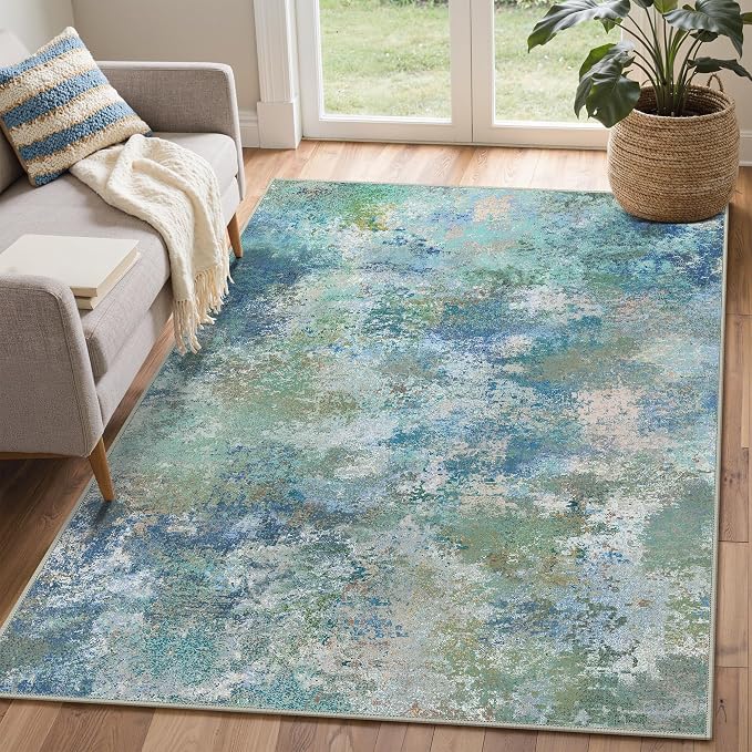 BEIMO Area Rugs 4x6 for Living Room Bedroom, Modern Abstract Machine Washable Rug, Large Soft Low Pile Floor Carpet with Non Slip Backing for Dining Room, Blue Green
