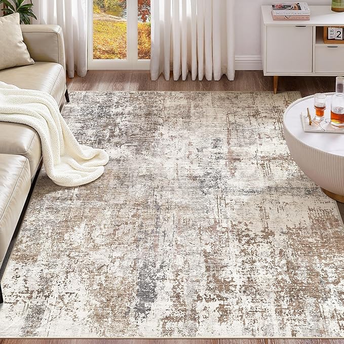 UERMEI Area Rug Living Room Rugs - Washable Neutral Modern Abstract Soft Thin Rug Indoor Floor No Slip Rug Carpet for Bedroom Under Dining Table Home Office Decor - Brown/Grey/Red - 10x12