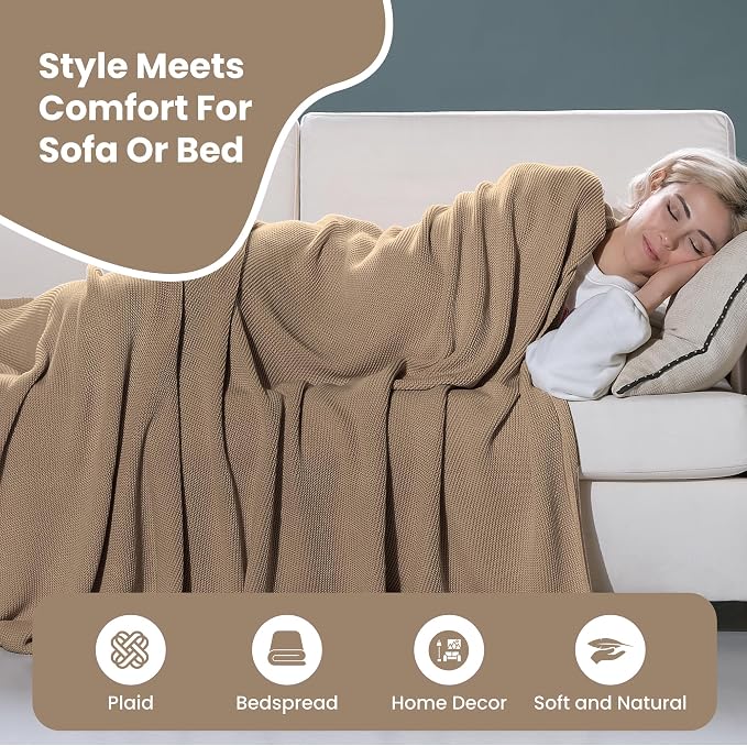 Dalisa 100% Organic Turkish Cotton Throw Blanket - GOTS Certified, Cozy - Perfect for Couch, Bed, and Home Decor - Boho Vintage Knit Alina (Mocha Meringue, 60x80)