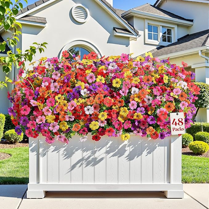 Alupssuc 48 Bundles Artificial Flowers for Outdoors Decoration, UV Resistant Silk Faux Floral Spring Fake Plastic Plants Greenery for Outside Indoor Patio Porch Window Box Home Decor(Upgrade 8 Colors)