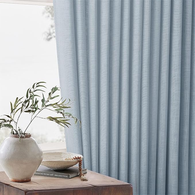 Dusty Blue Pinch Pleated Short Linen Curtains 45 Inches Long 2 Panels for Living Room Bedroom Memory Trained Semi Sheer Pleat Drapes Hooks Rings Light Filtering Small Kitchen Window Curtain 40x45