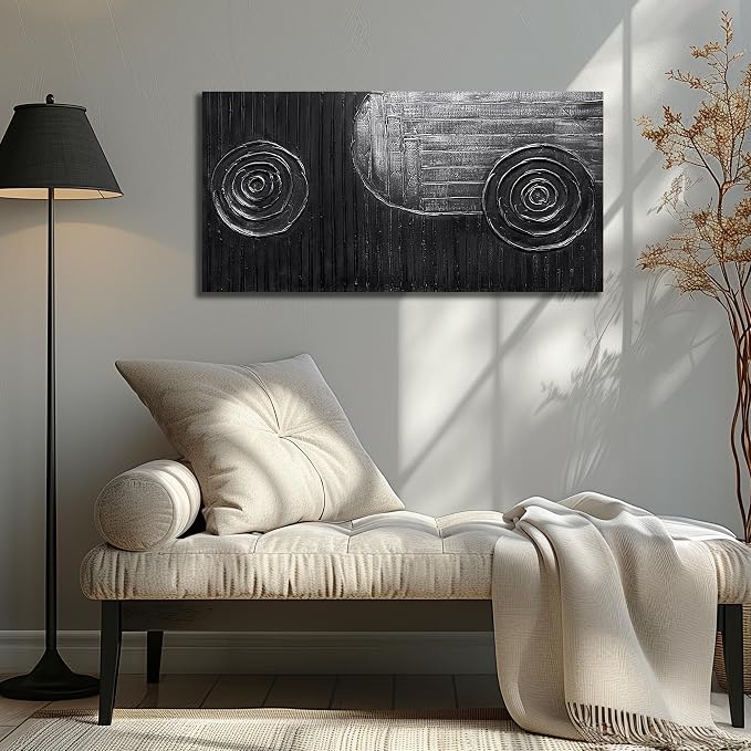 Abstract Oil Painting Wall Art Bedroom Black and Silver Canvas Wall Art for Living Room Circles Pictures Wall Decor for Kitchen Size 20 x 40 Inch