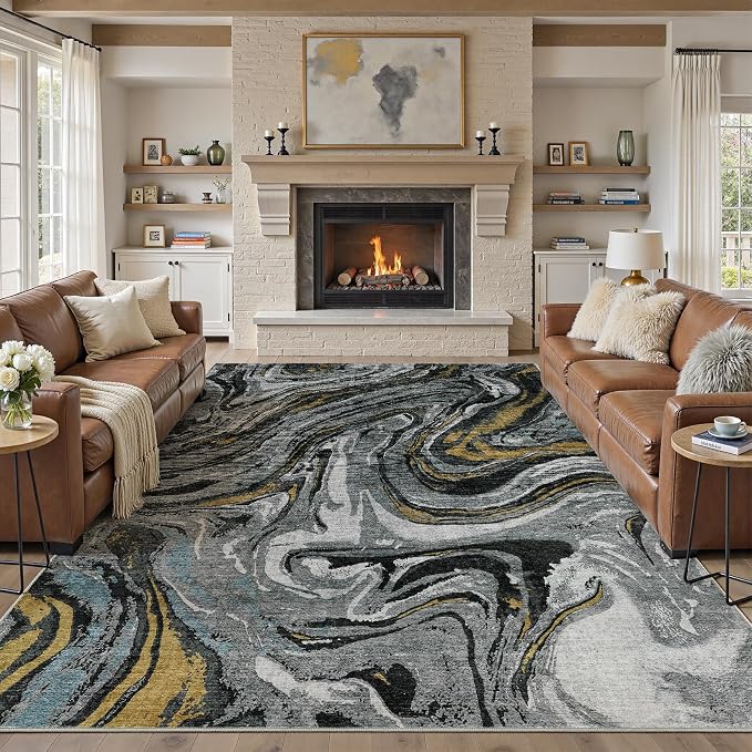 DMOYEST 10x14 Area Rug for Living Room-Washable Neutral Modern Abstract Rugs Soft Non-Slip Carpet Low Pile Indoor Floor Mat for Bedroom & Dining Room Decor for Families with Kids and Pet-Black Golden