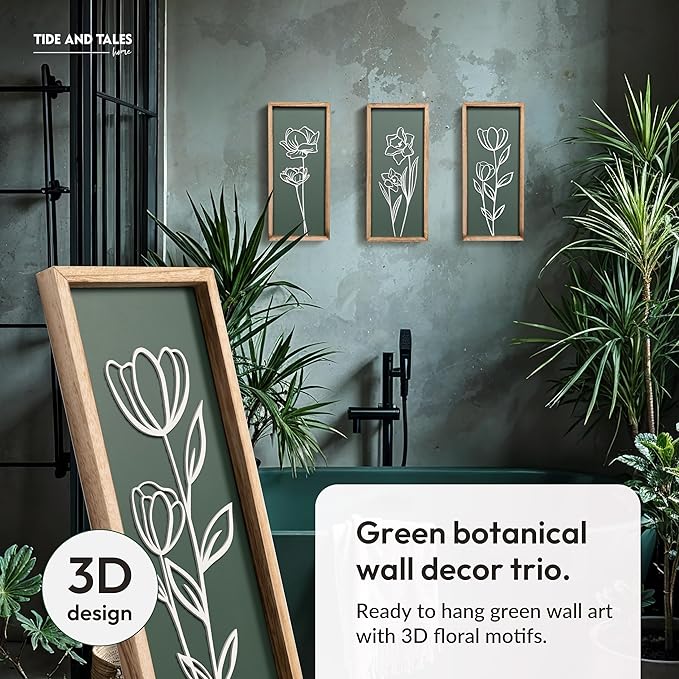 3D Floral Green Wall Art (Set of 3) Lightweight, Wooden Ready-to-Hang Boho Framed Wall Art for Bathroom, Master Bedroom, Living Room or Office - Premium Sage Green Farmhouse Decor - Gift-Boxed