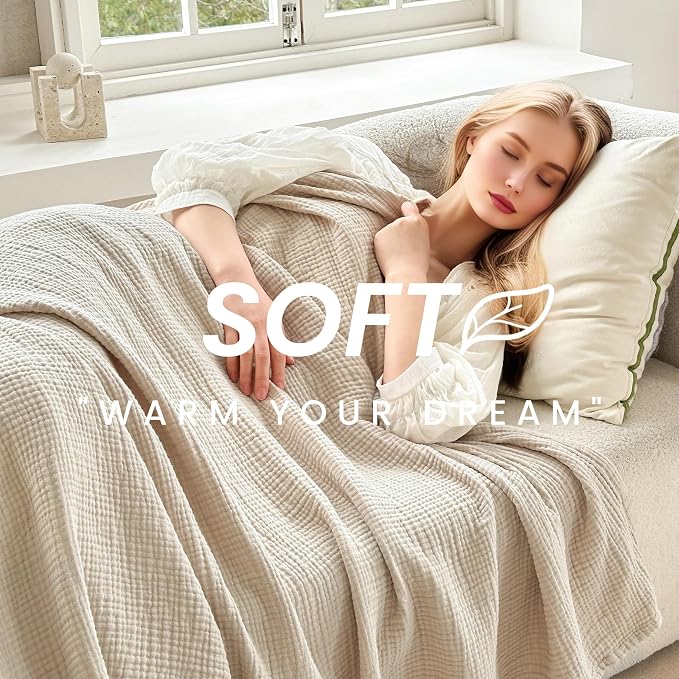 FALUCA Cotton Muslin Cooling Reversible Blanket Twin Size for Bed, Couch, Four Layers Blanket, Soft Lightweight Cozy Breathable Farmhouse Decoration for Summer, Khaki
