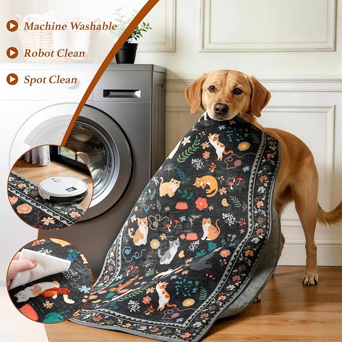 LIANLAM 8x10 Cat Lover's Area Rug, Washable Large Rug with Artistic Feline Design for Living Room & Bedroom, Pet Friendly Non-Slip Soft Carpet, Stain Resistant & Easy Clean(8x10,Black)