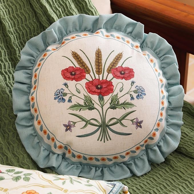 ISAENNE Vintage Linen Throw Pillow Cover,Set of 2,Diameter 16"-Serenity C | Designer Elegant Round Pillow Cover,Concealed Zipper Design,Floral Pattern,Sofa,Bedroom,Living Room,Lounge Chairs
