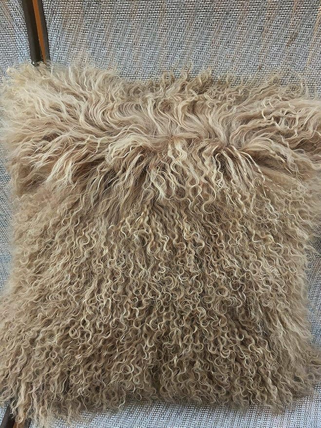 Seek4comfortable Mongolian Tibetan Lamb Fur Throw Pillow Cushion Cover Pillowcase，Khaki (16"x16")