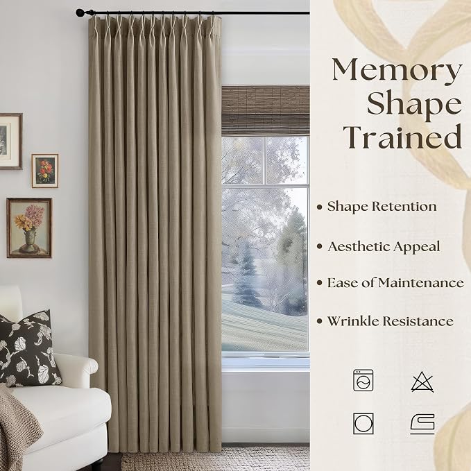 Pinch Pleated Linen 96 Inch Curtains 70 Inch Width for Living Room Divider Light Filtering Thick Light Brown Linen Extra Wide Patio Curtains for Sliding Door Balcony Floor to Ceiling Window 1 Panel