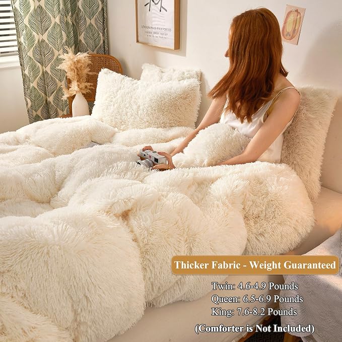 XeGe Plush Shaggy Duvet Cover Set, Luxury Ultra Soft Crystal Velvet Fluffy Bedding Sets 3 Pieces(1 Furry Faux Fur Comforter Cover + 2 Fuzzy Faux Fur Pillowcases), Zipper Closure(King, Light Beige)