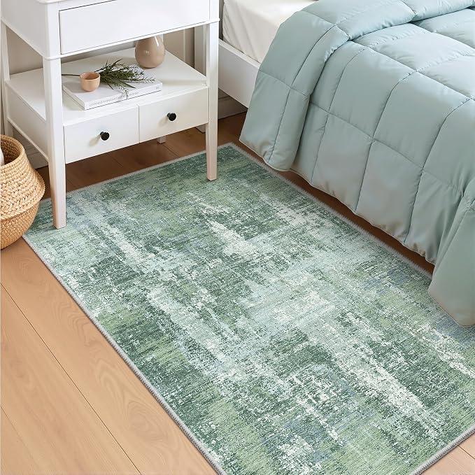 Valenrug Washable Rugs 4x6 - Stain Resistant 4x6 Area Rugs for Living Room, Non Slip Backing Abstract Rugs for Bedroom, Folable Machine Washable Area Rug(4'x6', Sage Green)