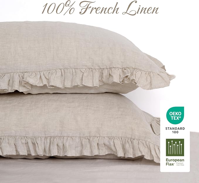Linen Ruffled Pillow Cases,100% French Natural Linen Pillowcase Set of 2,Ruffled Linen Pillow Shams,Decorative Boho Pillow Cases Ruffle Bedding Standard Size (20''x30''),Natural Linen