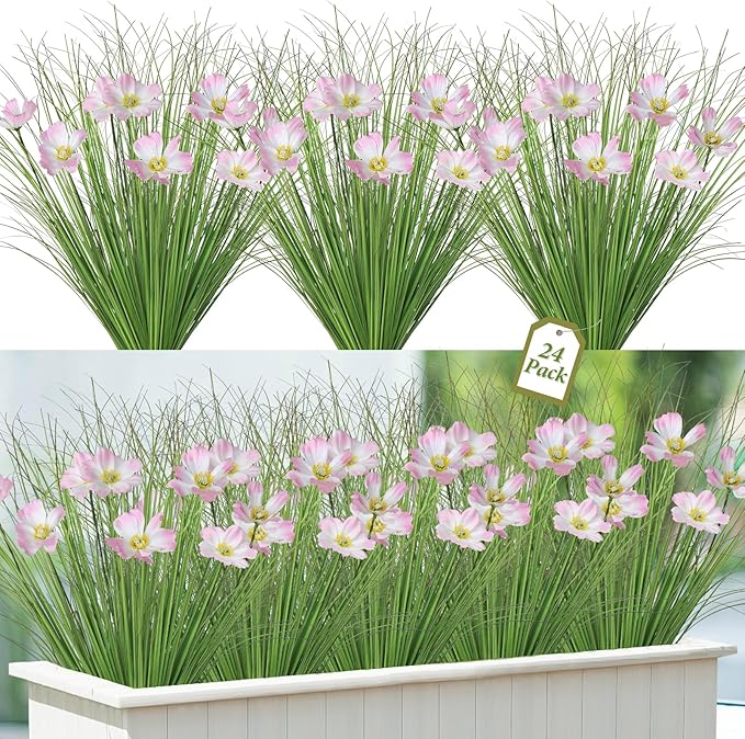 24 Bundles Artificial Flowers for Outdoors Onion Grass UV Resistant Greenery Stems Weed Artificial Fake Shrubs Grass Plant with Flowers Bushes Decoration for Indoor Outdoor Garden Office Home