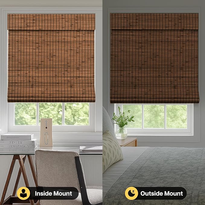 LazBlinds Cordless Blackout Bamboo Roman Shades, 27x64, Penang Teak | Room Darkening Blinds for Interior Windows, Thermal Insulated Roll Up Bamboo Blinds for Home & Patio