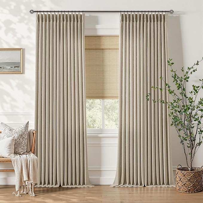 112 Inches Pinch Pleated Taupe Brown Curtains 2 Panels for Living Room Semi Sheer Privacy Ceiling to Floor Extra Long Pleat Curtains for Living Room Burlywood Birch Vintage Thick Linen Blend Drapes