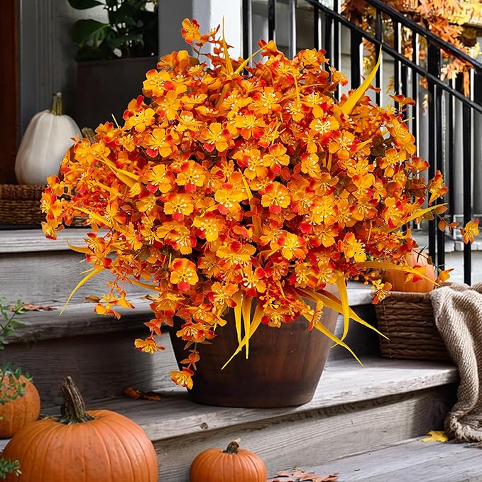AXYLEX Artificial Mums for Outdoor Fall Flowers - Fake Plants UV Resistant No Fade Faux Plastic Home Decor Garden Porch Patio (1, OrangeMixed)