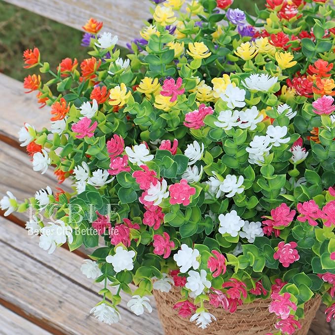 Not-Fading 6 Color Mixing Artificial Flowers, 12 Bundles Realistic Faux Plants for Indoor & Outdoor Décor Weatherproof PE Fake Plants for Porch Patio Garden and Home Decoration