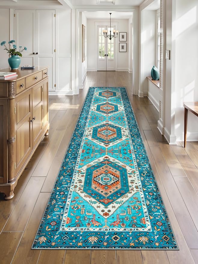 SERISSA Runner Rug for Hallways, 2'6"x12' Washable Non Slip Kitchen Runner Rug, Extra Long Boho Rug Ultra Soft Vintage Blue Print Floor Carpet for Bedroom Hallway Entryway Bathroom Laundry Room