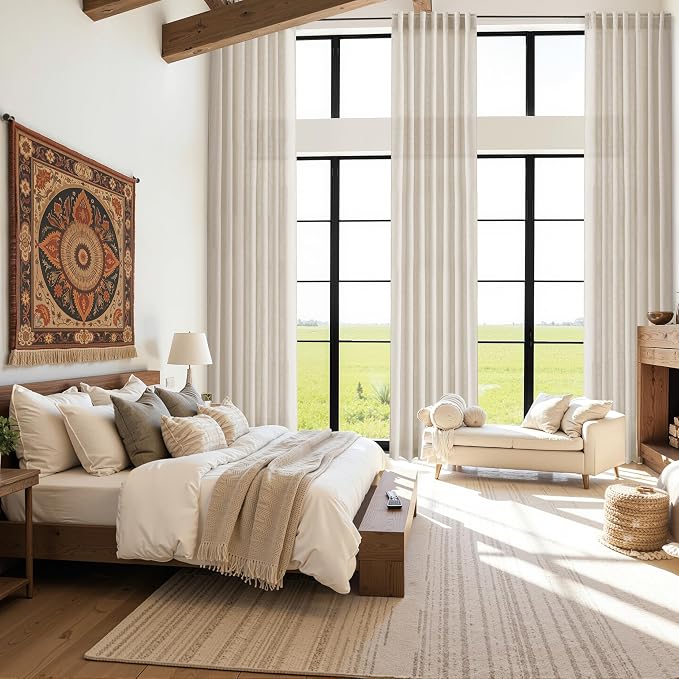 Boho Linen 144 Inch Curtains for Living Room Light Filtering Semi Sheer Curtain Back Tab Boho Eclectic Home Decor Elegant Farmhouse Drapes Floor to Ceiling High Window for Bedroom 52x144, 2 Panels