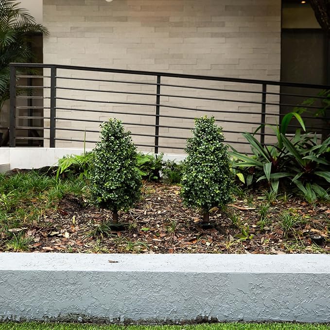 Nearly Natural 2.5 ft Artificial Boxwood Plants, Set of 2, UV Resistant with Integrated Ground Stakes for Indoor Outdoor Garden Decor