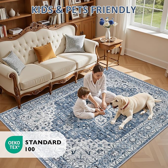 Hallway Runner Rug Non Slip - Washable 2.6x8 Kitchen Rugs for Living Room, Low-Pile Soft Bedroom Rug Indoor Floor Stain Resistant Carpets for Entryway, Laundry, Bathroom Blue