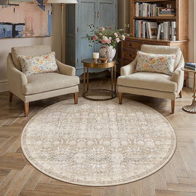 6R Beige Washable Neutral Area Rug for Living Room Floral Non Slip Low Pile Round Rug Indoor Vintage Traditional Stain Resistant Distressed Carpet Bedroom Dining Room Classroom Office Playroom