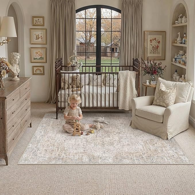 HUGEAR Area Rugs 3x5 Washable Rug for Living Room Bedroom Beige Vintage Rug Carpet Low Pile Non Slip No Shedding Soft Durable Indoor Dining Room Home Decor Floor Mat