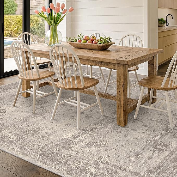 Greige 8x10 Washable Area Rug for Living Room, Organic Modern Distressed Geometric Rug with Granite Texture, Soft Low Pile Non-Slip Carpet for Bedroom & Dining Room