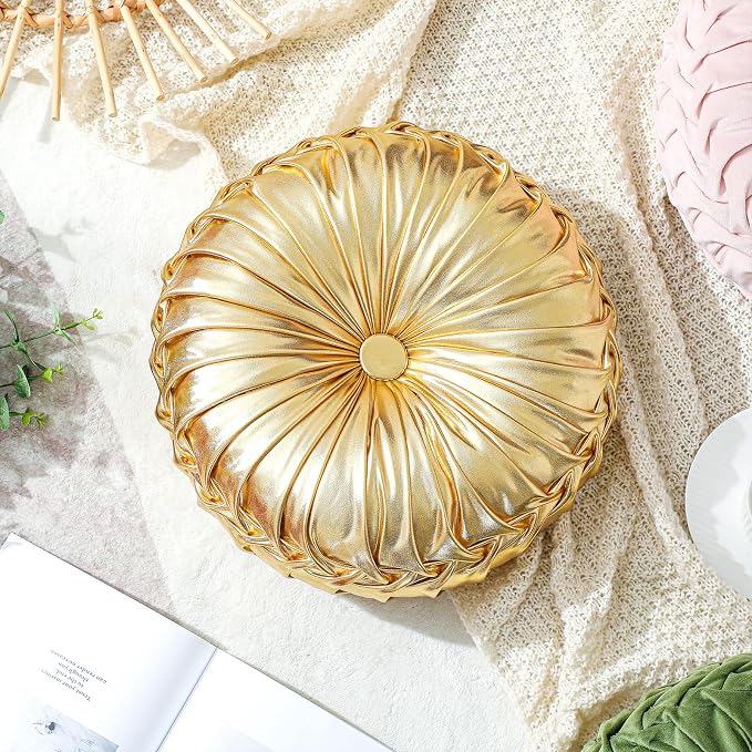 Drydiet 2 Pcs Round Throw Velvet Pillows Decorative Pleated Throw Pillows Diameter Accent Pumpkin Boho Chair Cushion for Couch Sofa Home Decoration (Gold,15'')