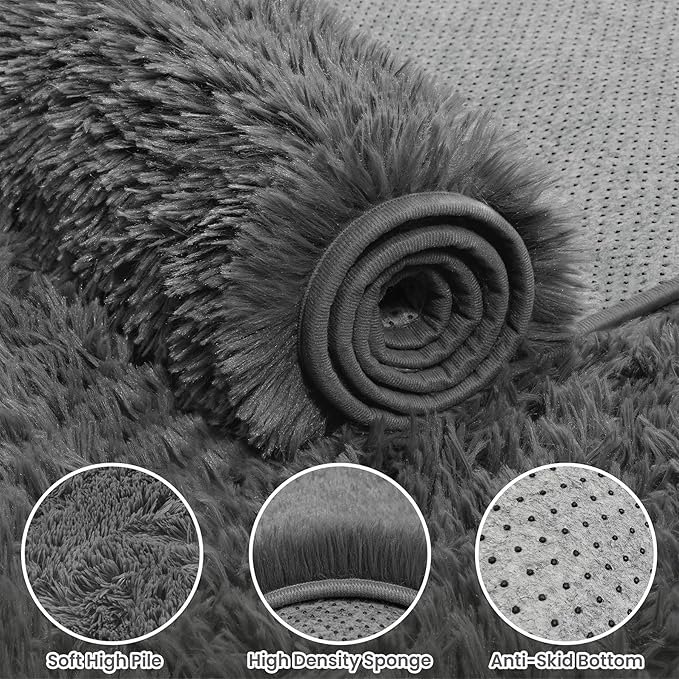 4x6 Area Rug for Living Room, Ultra Soft Fluffy Shag Rugs for Bedroom, Non-Slip Large Fuzzy Plush Rug Indoor Floor Carpet for Nursery Kids Office Dorm Modern Decor, Dark Gray