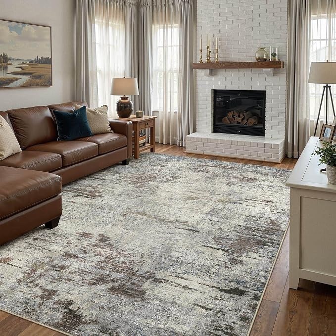 DMOYEST Area Rug Living Room Rugs - 9x12 Washable Large Soft Indoor Neutral Modern Abstract Low Pile Rug Carpet for Bedroom Dining Room Farmhouse Home Office - Brown Rust