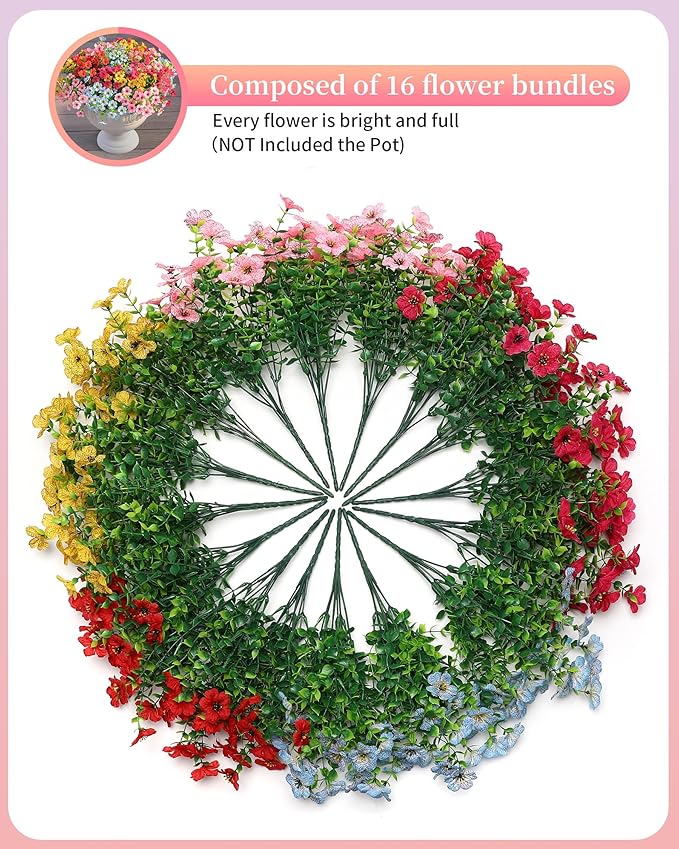 Artificial Flowers for Outdoor Decor, 16 Pack UV-Resistant Fake Colorful Silk Daisy Flowers, Perfect for Spring & Summer Decorating – Front Porch, Patio, Window Boxes, and Potted Plants
